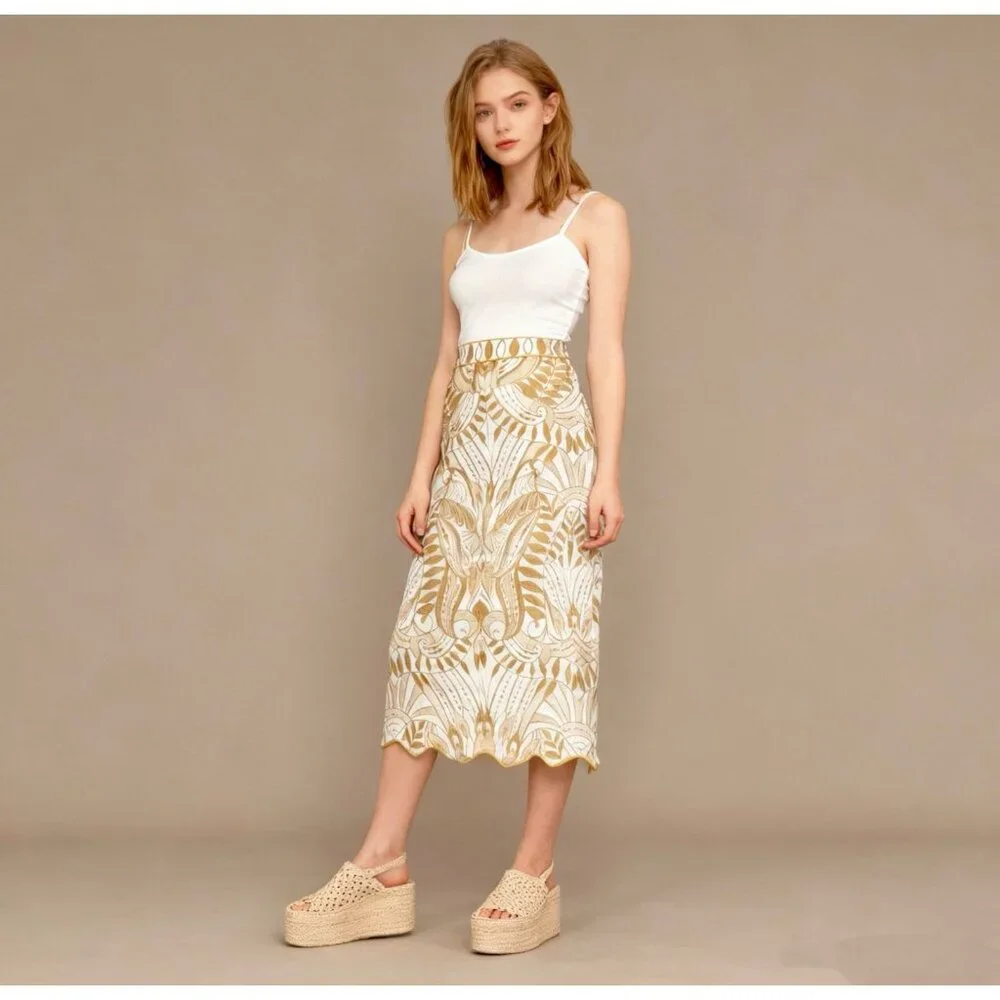 NWOT Farm Rio Midi Skirt Off-White/Beige Lace Nature Wavy Hem Linen Size L